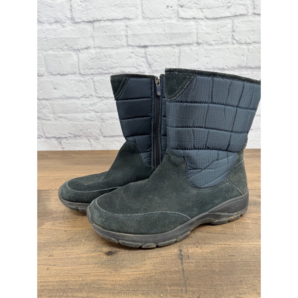 Lands End Womens 10B Black Navy Suede Quilted Winter Boots Side Zip Fleece Lined